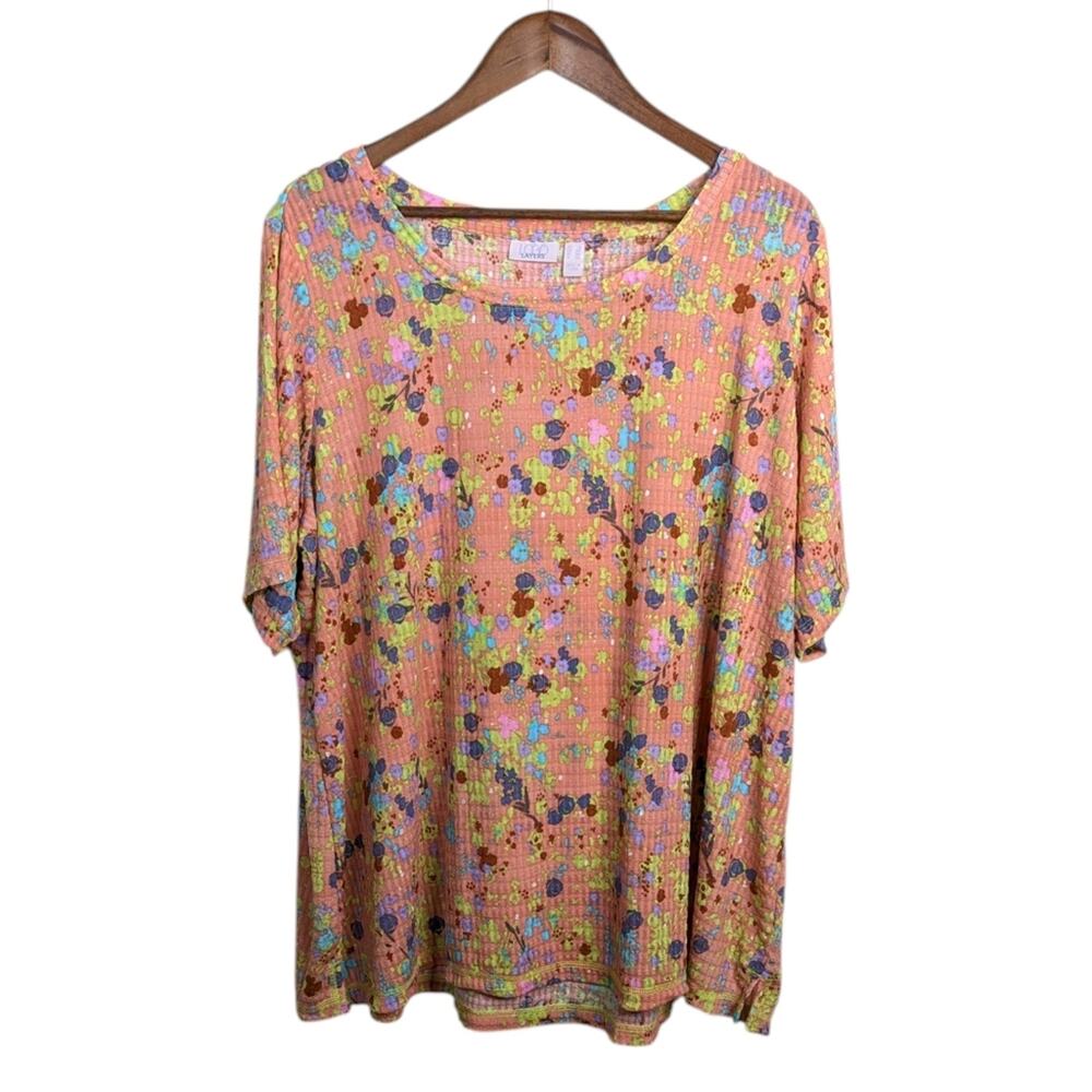 LOGO by Lori Goldstein Waffle Mesh Floral Top 2X Relaxed Textured Short Sleeve - Picture 2 of 11